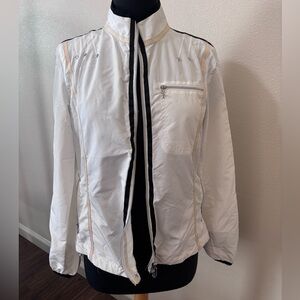White Zip Front Jacket with Beige Piping and Chest Pocket